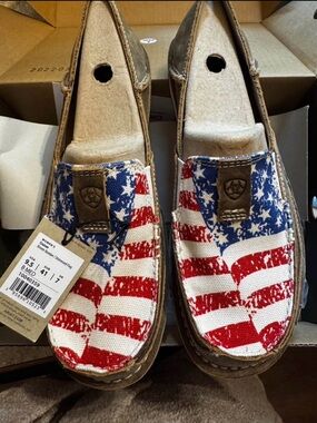 Ariat Brown Suede Loafers with Red, White & Blue Flag Accents